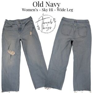 Old Navy Jeans Women 14 Lt. Denim Sky Hi Rise Wide Leg Distress Raw Hem 90's y2k